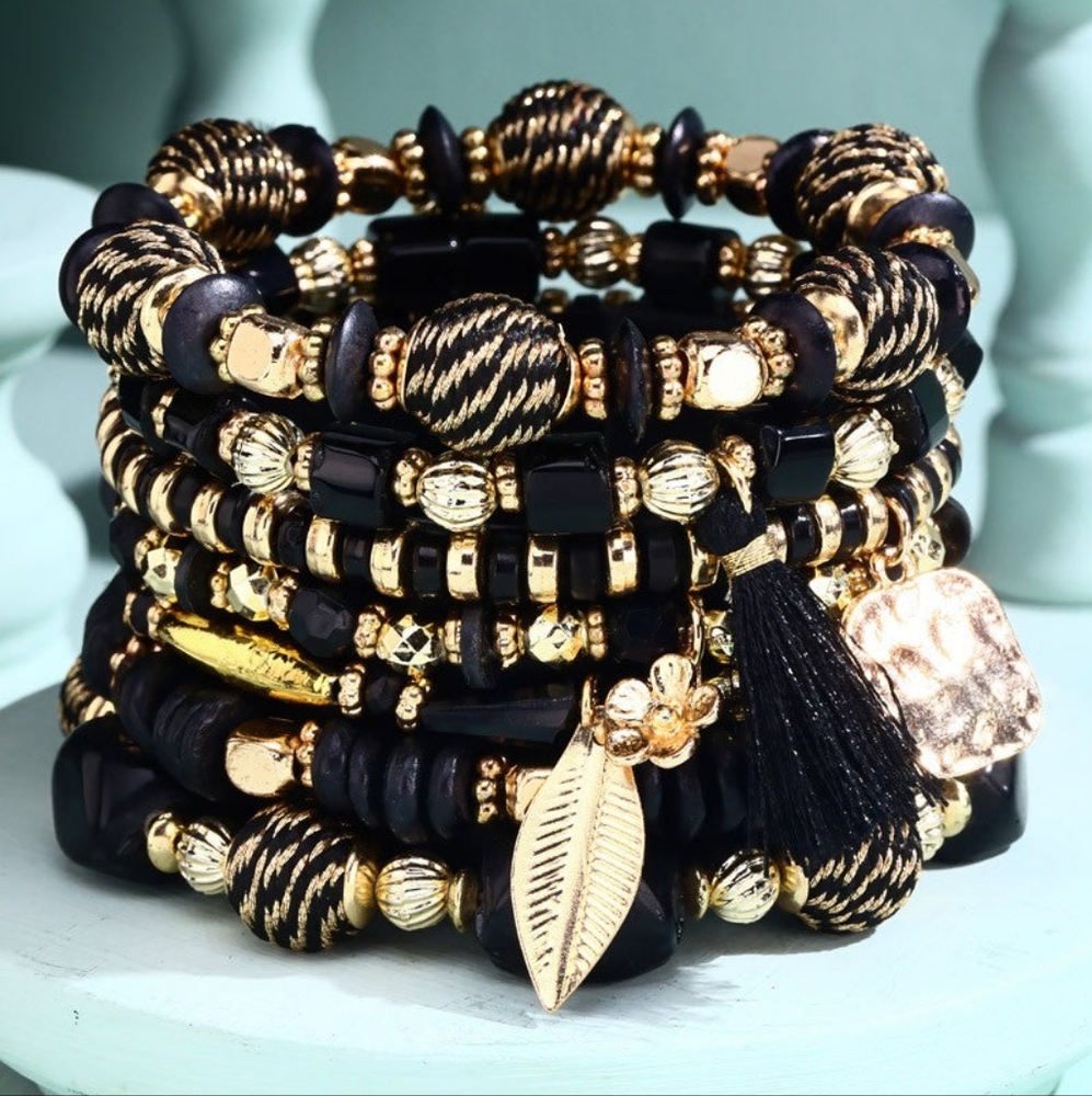 Formal Black & Gold Multi Textured Layered Beaded Bracelet Set w Golden Charms